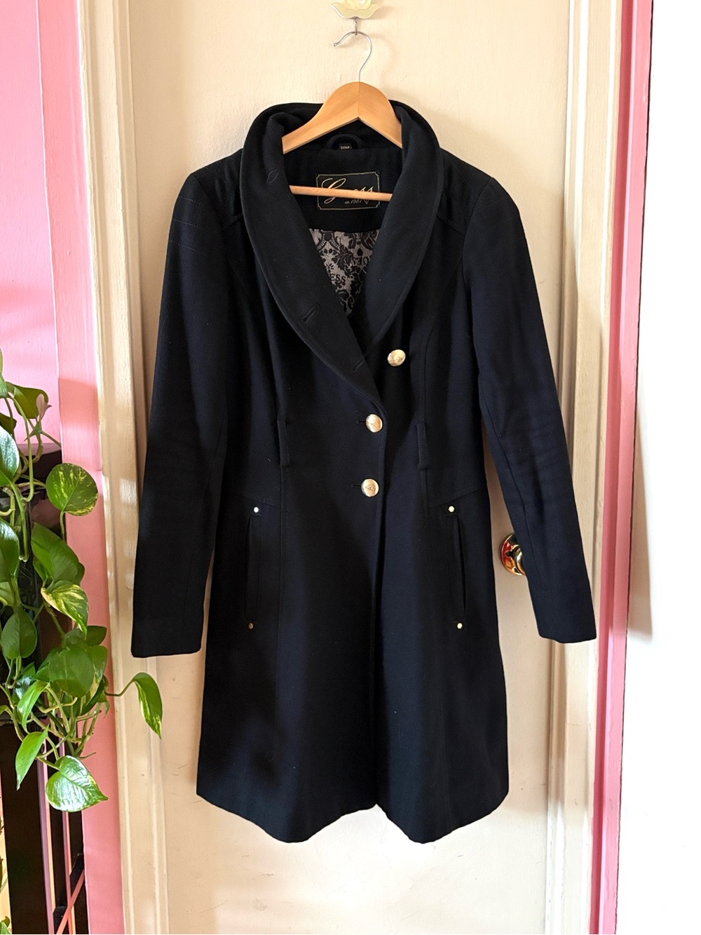 Guess Black Gold-Button Wool Blend Pea Coat